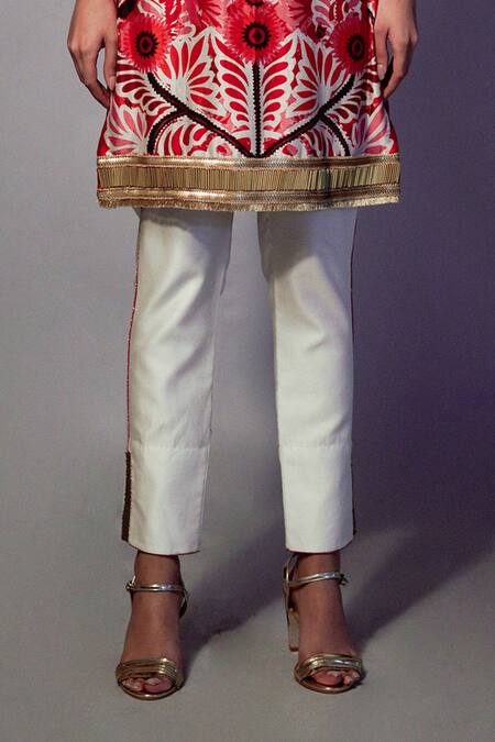 Shop_Saksham & Neharicka_Red Chanderi Floral, Sequin Round Printed Kurta And Pant Set_Online_at_Aza_Fashions