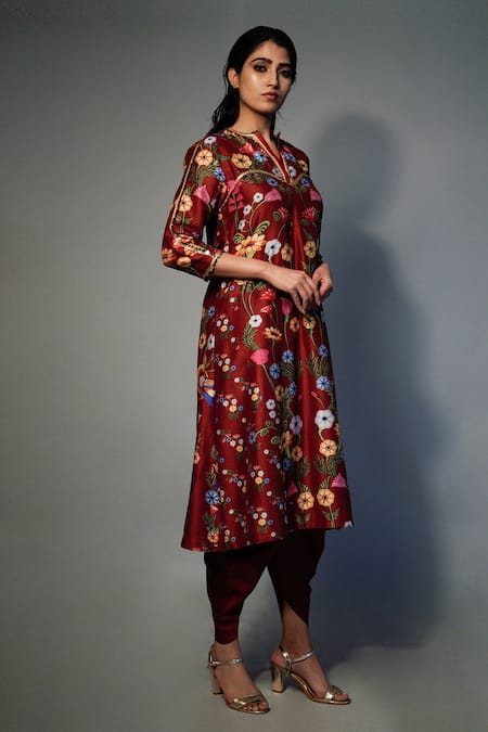 Saksham & Neharicka_Maroon Chanderi Floral, Lace Round Printed Kurta And Dhoti Pant Set _Online_at_Aza_Fashions