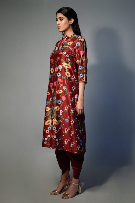 Buy_Saksham & Neharicka_Maroon Chanderi Floral, Lace Round Printed Kurta And Dhoti Pant Set _Online_at_Aza_Fashions