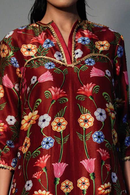 Saksham & Neharicka_Maroon Chanderi Floral, Lace Round Printed Kurta And Dhoti Pant Set _at_Aza_Fashions