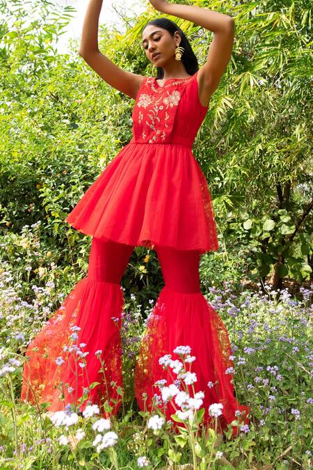 Buy_Saksham & Neharicka_Red Chanderi And Net Sequin & Beads, Thread Round Kurta Sharara Set_Online_at_Aza_Fashions