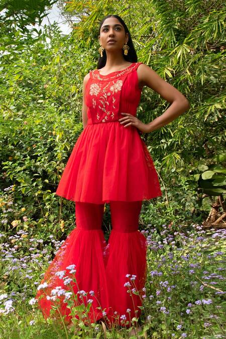 Shop_Saksham & Neharicka_Red Chanderi And Net Sequin & Beads, Thread Round Kurta Sharara Set_Online_at_Aza_Fashions