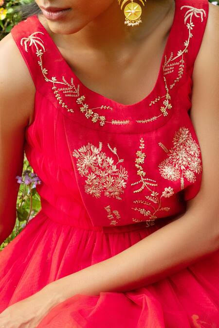 Saksham & Neharicka_Red Chanderi And Net Sequin & Beads, Thread Round Kurta Sharara Set_at_Aza_Fashions