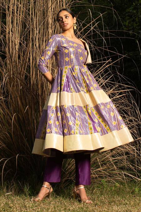 Saksham & Neharicka_Purple Cotton Lurex And Chanderi Geometric V Printed Angarkha Kurta & Pant Set_Online_at_Aza_Fashions