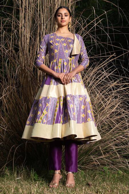 Shop_Saksham & Neharicka_Purple Cotton Lurex And Chanderi Geometric V Printed Angarkha Kurta & Pant Set_Online_at_Aza_Fashions