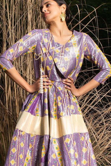 Saksham & Neharicka_Purple Cotton Lurex And Chanderi Geometric V Printed Angarkha Kurta & Pant Set_at_Aza_Fashions