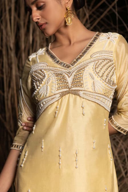 Saksham & Neharicka_Yellow Chanderi And Net Pearl, Sequin & Beads V Neck Kurta Set _at_Aza_Fashions