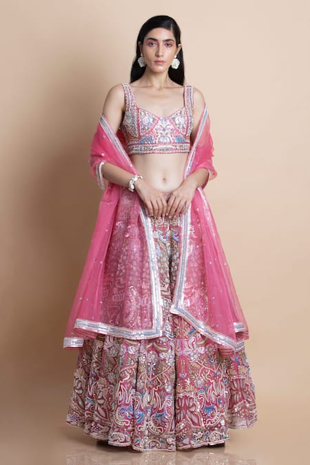 Saksham & Neharicka Pink Silk Organza V Neck Bridal Lehenga Set 