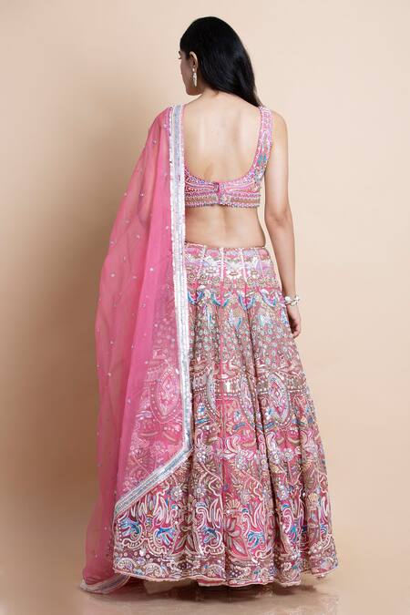 Shop Saksham & Neharicka Pink Silk Organza V Neck Bridal Lehenga Set at Aza Fashions Shop_Saksham & Neharicka_Pink Silk Organza V Neck Bridal Lehenga Set _at_Aza_Fashions