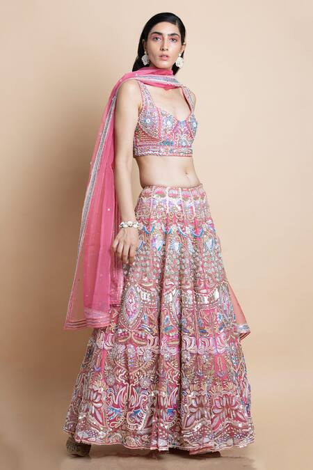 Saksham & Neharicka Pink Silk Organza V Neck Bridal Lehenga Set Online at Aza Fashions Saksham & Neharicka_Pink Silk Organza V Neck Bridal Lehenga Set _Online_at_Aza_Fashions