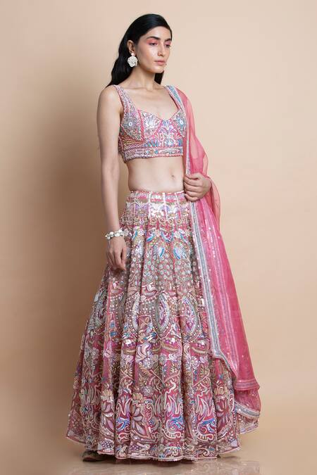 Buy Saksham & Neharicka Pink Silk Organza V Neck Bridal Lehenga Set Online at Aza Fashions Buy_Saksham & Neharicka_Pink Silk Organza V Neck Bridal Lehenga Set _Online_at_Aza_Fashions