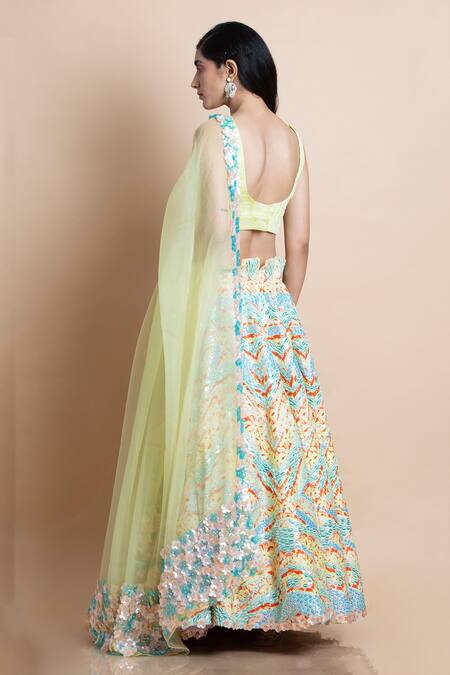 Shop Saksham & Neharicka Yellow Chanderi, Silk Organza V Neck Bridal Lehenga Set at Aza Fashions Shop_Saksham & Neharicka_Yellow Chanderi, Silk Organza V Neck Bridal Lehenga Set_at_Aza_Fashions