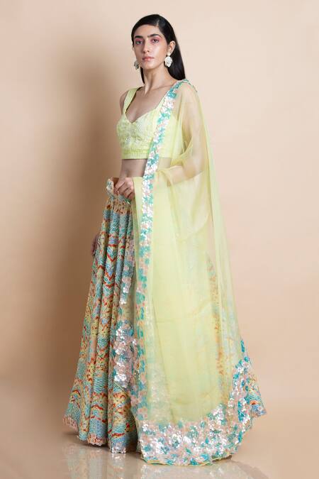 Saksham & Neharicka Yellow Chanderi, Silk Organza V Neck Bridal Lehenga Set Online at Aza Fashions Saksham & Neharicka_Yellow Chanderi, Silk Organza V Neck Bridal Lehenga Set_Online_at_Aza_Fashions