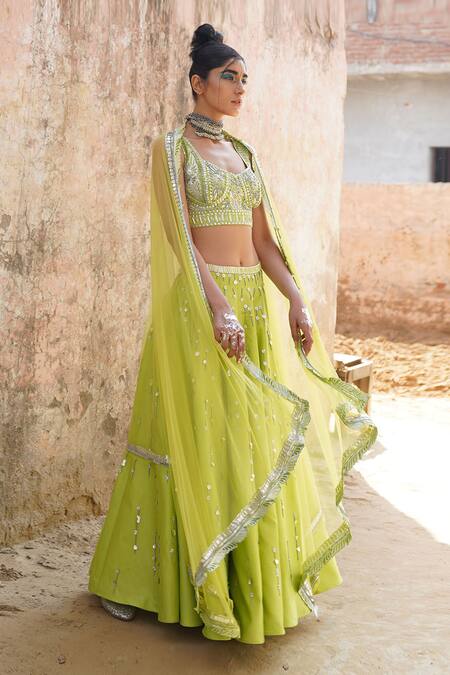 Saksham & Neharicka_Green Net, Handwoven Chanderi V Neck Embroidered Lehenga Set _Online_at_Aza_Fashions