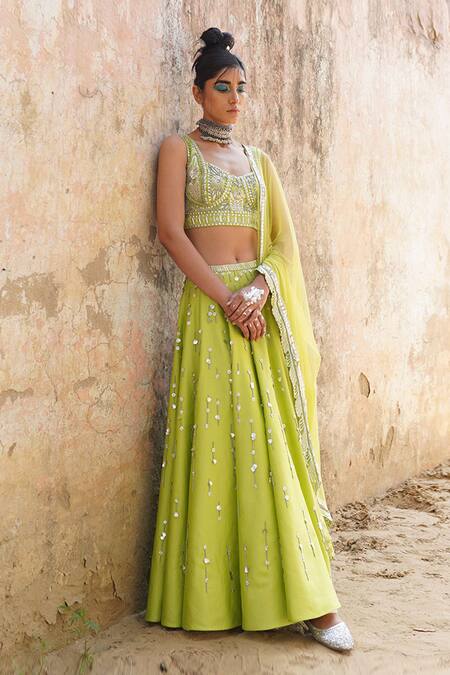 Buy_Saksham & Neharicka_Green Net, Handwoven Chanderi V Neck Embroidered Lehenga Set _Online_at_Aza_Fashions