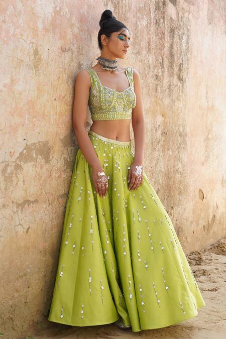 Shop_Saksham & Neharicka_Green Net, Handwoven Chanderi V Neck Embroidered Lehenga Set _Online_at_Aza_Fashions