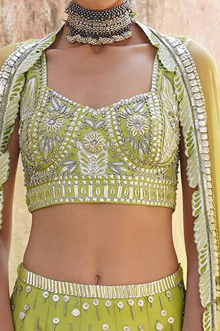 Saksham & Neharicka Green Net, Handwoven Chanderi V Neck Embroidered Lehenga Set at Aza Fashions Saksham & Neharicka_Green Net, Handwoven Chanderi V Neck Embroidered Lehenga Set _at_Aza_Fashions