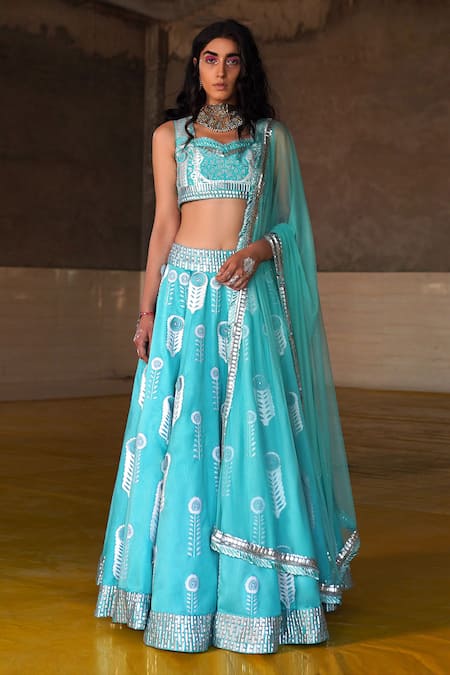 Buy_Saksham & Neharicka_Blue Handwoven Chanderi V Neck Embroidered Blouse_Online_at_Aza_Fashions