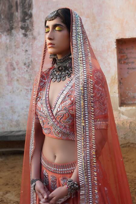 Buy_Saksham & Neharicka_Peach Raw , Organza V Neck Embroidered Bridal Lehenga Set _Online_at_Aza_Fashions