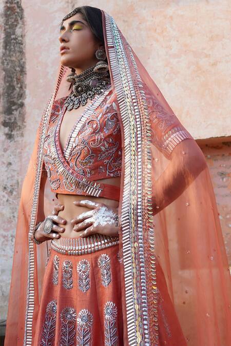 Shop_Saksham & Neharicka_Peach Raw , Organza V Neck Embroidered Bridal Lehenga Set _Online_at_Aza_Fashions
