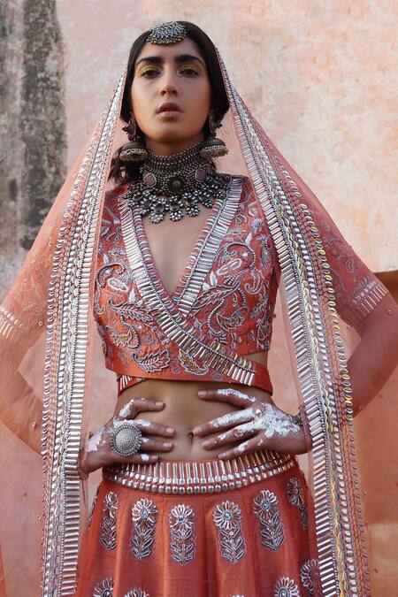 Saksham & Neharicka_Peach Raw , Organza V Neck Embroidered Bridal Lehenga Set _at_Aza_Fashions