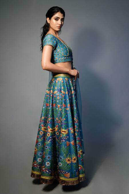 Saksham & Neharicka_Blue Net, Chanderi Floral, Lace, Sequin V Neck Printed Lehenga Set_Online_at_Aza_Fashions