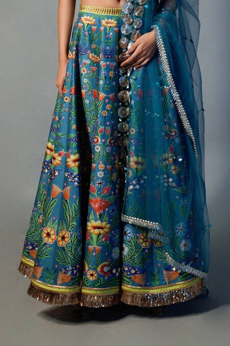 Shop_Saksham & Neharicka_Blue Net, Chanderi Floral, Lace, Sequin V Neck Printed Lehenga Set_Online_at_Aza_Fashions