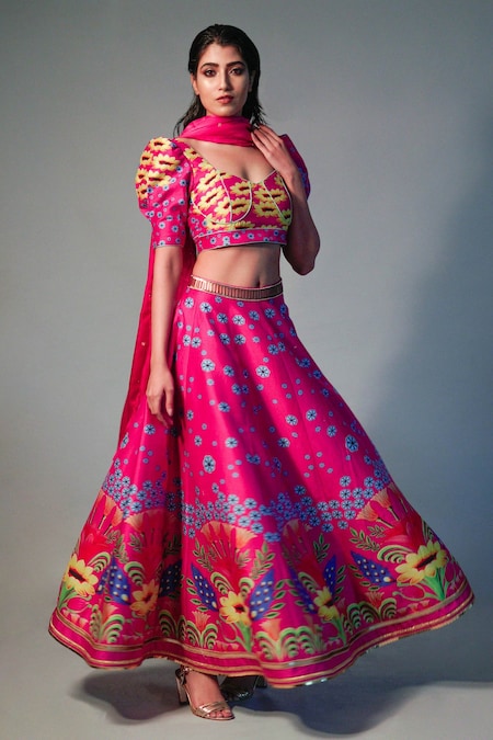 Saksham Neharicka Pink Chanderi Printed Floral V Neck Lehenga Set