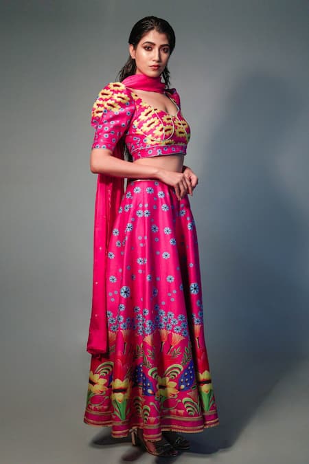 Saksham & Neharicka_Pink Chanderi Floral, Lace, Sequin V Neck Printed Lehenga Set _Online_at_Aza_Fashions