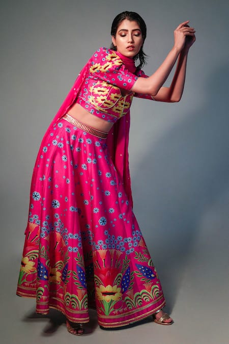 Buy_Saksham & Neharicka_Pink Chanderi Floral, Lace, Sequin V Neck Printed Lehenga Set _Online_at_Aza_Fashions