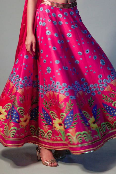 Shop_Saksham & Neharicka_Pink Chanderi Floral, Lace, Sequin V Neck Printed Lehenga Set _Online_at_Aza_Fashions
