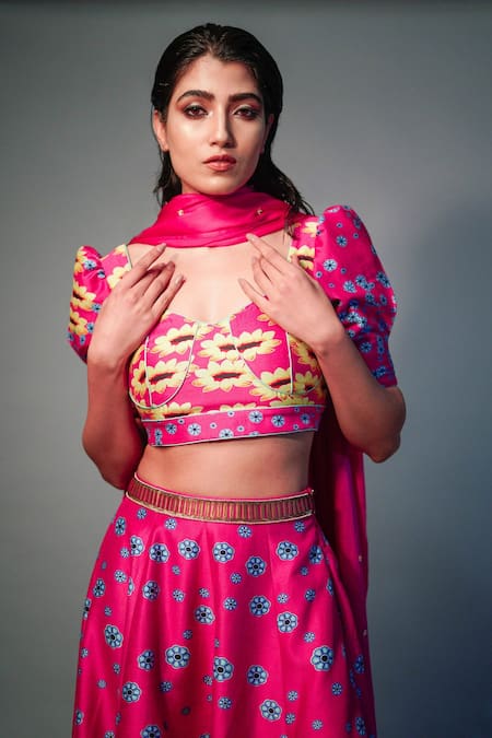 Saksham & Neharicka_Pink Chanderi Floral, Lace, Sequin V Neck Printed Lehenga Set _at_Aza_Fashions