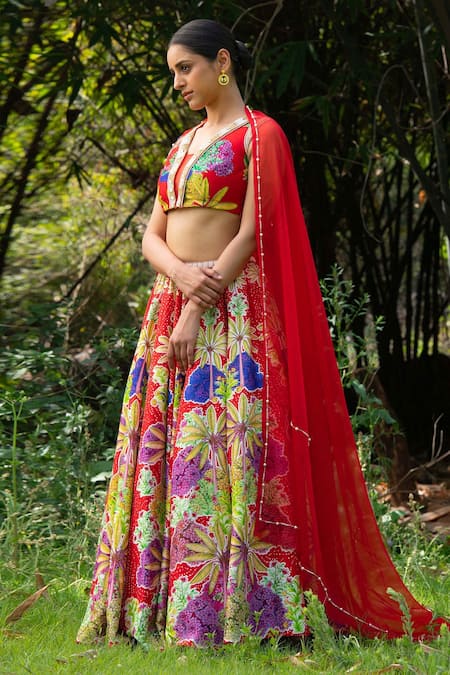 Saksham & Neharicka_Red Viscose Dupion And Organza Floral Print, Pearl & Beads V Neck Lehenga Set_Online_at_Aza_Fashions