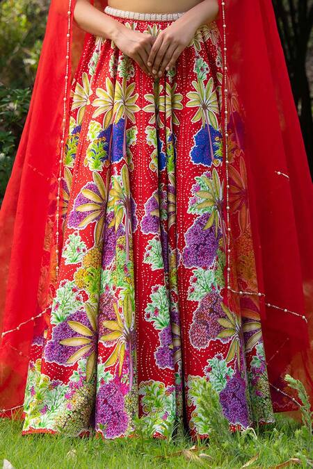 Shop_Saksham & Neharicka_Red Viscose Dupion And Organza Floral Print, Pearl & Beads V Neck Lehenga Set_Online_at_Aza_Fashions