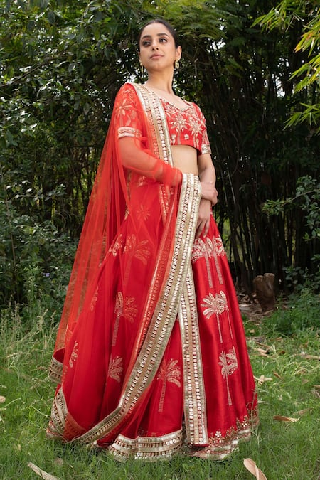 Saksham & Neharicka_Red Raw Silk And Net Thread, Sequin & Stone Embroidered Bridal Lehenga Set_Online_at_Aza_Fashions
