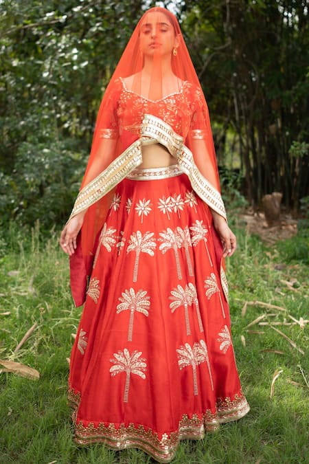 Buy_Saksham & Neharicka_Red Raw Silk And Net Thread, Sequin & Stone Embroidered Bridal Lehenga Set_Online_at_Aza_Fashions