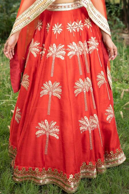 Shop_Saksham & Neharicka_Red Raw Silk And Net Thread, Sequin & Stone Embroidered Bridal Lehenga Set_Online_at_Aza_Fashions