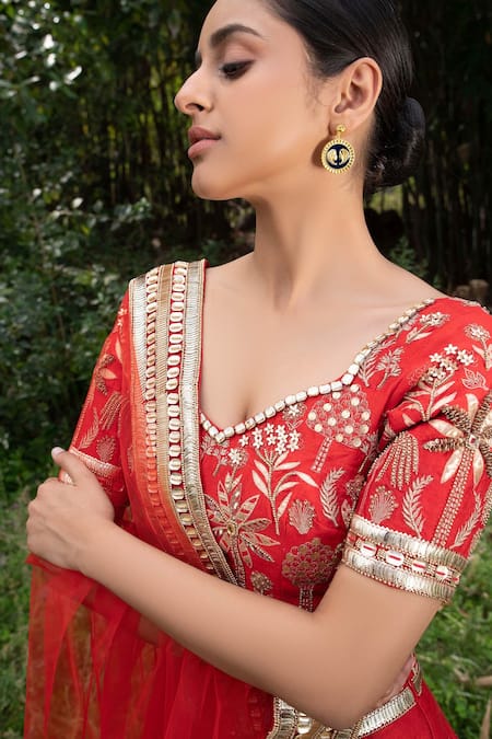 Saksham & Neharicka_Red Raw Silk And Net Thread, Sequin & Stone Embroidered Bridal Lehenga Set_at_Aza_Fashions