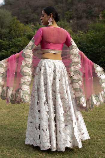 Shop Saksham & Neharicka Pink Chanderi, Net And Organza Floral Print, Bead & Sequin V Neck Lehenga Set at Aza Fashions Shop_Saksham & Neharicka_Pink Chanderi, Net And Organza Floral Print, Bead & Sequin V Neck Lehenga Set _at_Aza_Fashions