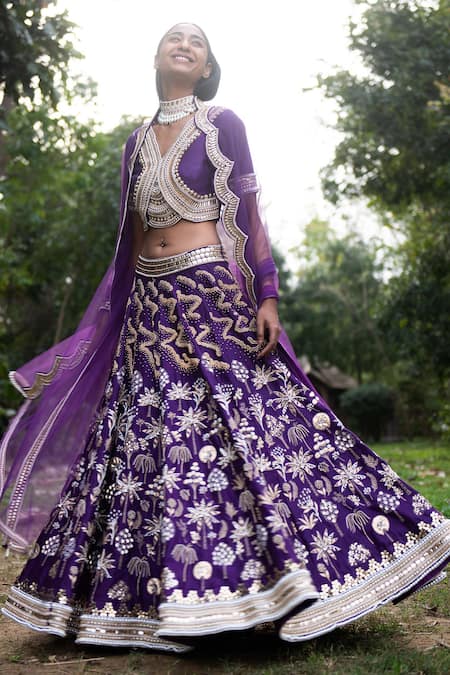 Saksham & Neharicka_Purple Chanderi And Net Sequin, Pearl & Bead V Neck Bridal Lehenga Set_Online_at_Aza_Fashions