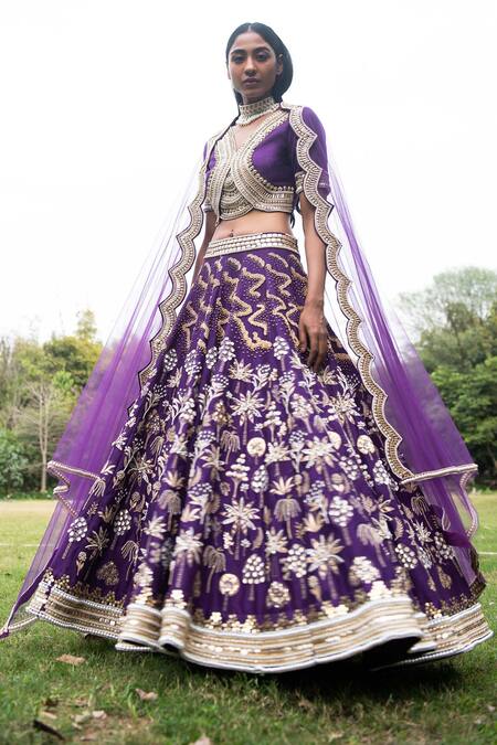 Buy_Saksham & Neharicka_Purple Chanderi And Net Sequin, Pearl & Bead V Neck Bridal Lehenga Set_Online_at_Aza_Fashions
