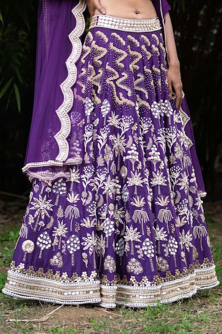 Shop_Saksham & Neharicka_Purple Chanderi And Net Sequin, Pearl & Bead V Neck Bridal Lehenga Set_Online_at_Aza_Fashions