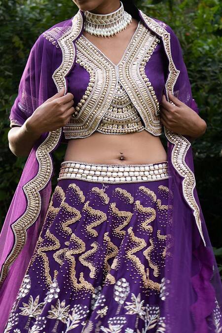 Saksham & Neharicka_Purple Chanderi And Net Sequin, Pearl & Bead V Neck Bridal Lehenga Set_at_Aza_Fashions
