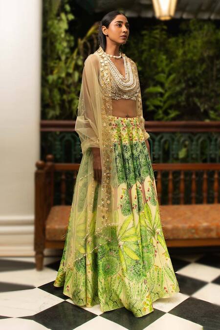 Saksham & Neharicka_Yellow Chanderi And Net Floral Print, Bead, Pearl & Sequin V Neck Lehenga Set_Online_at_Aza_Fashions