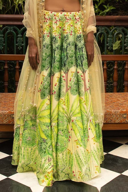 Shop_Saksham & Neharicka_Yellow Chanderi And Net Floral Print, Bead, Pearl & Sequin V Neck Lehenga Set_Online_at_Aza_Fashions