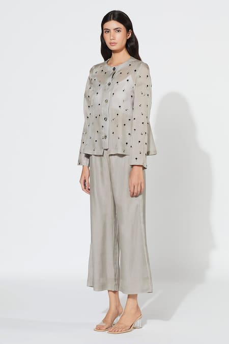 Grey chevron jacquard weave bandi with grey silk kurta and slim grey pants  - Nivedita Pret & Couture