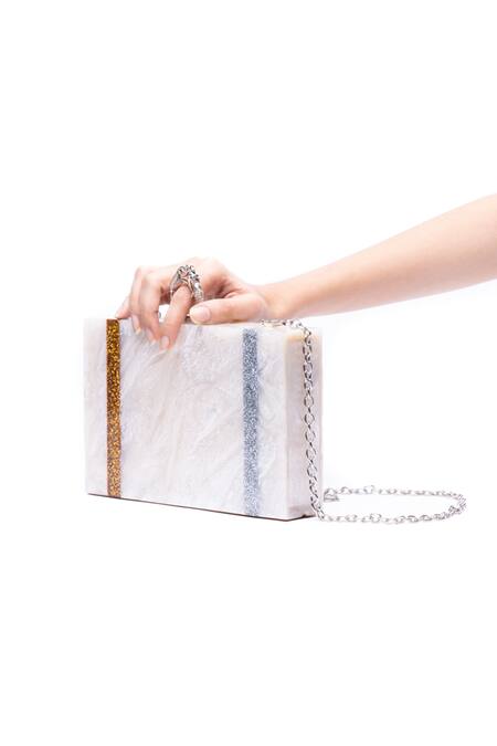 Oceana Clutches_White Glitter Marble Textured Designer Clutch_Online_at_Aza_Fashions