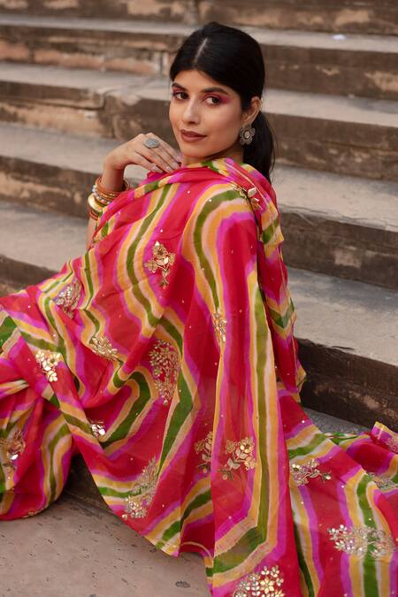 Buy Ruar India Pink Pure Chiffon Gota Patti Leheriya Saree With Blouse Online at Aza Fashions Buy_Ruar India_Pink Pure Chiffon Gota Patti Leheriya Saree With Blouse _Online_at_Aza_Fashions