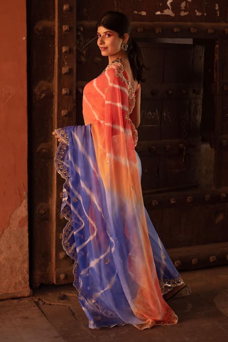 Shop Ruar India Blue Pure Chiffon Sequins Leheriya Saree With Blouse at Aza Fashions Shop_Ruar India_Blue Pure Chiffon Sequins Leheriya Saree With Blouse _at_Aza_Fashions