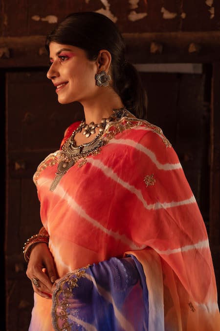 Summer Breeze - Lehariya, Georgette & Gota Saree - Deep Pink (With Blo